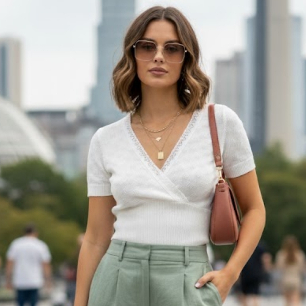 Vintage White V-Neck Knit Top